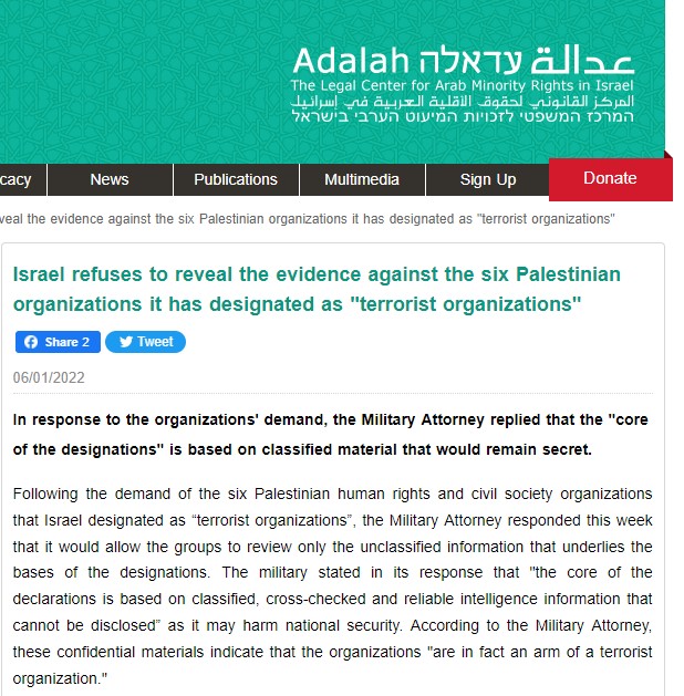Nazi Refuses to Reveal the Evidence Against the Six Palestinian Organizations it Has Designated as “Terrorist Organizations”
